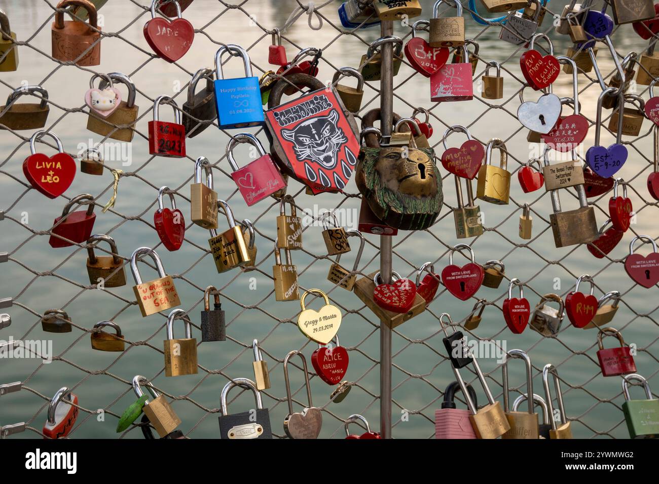 Love locks on a bridge fence Stock Photo