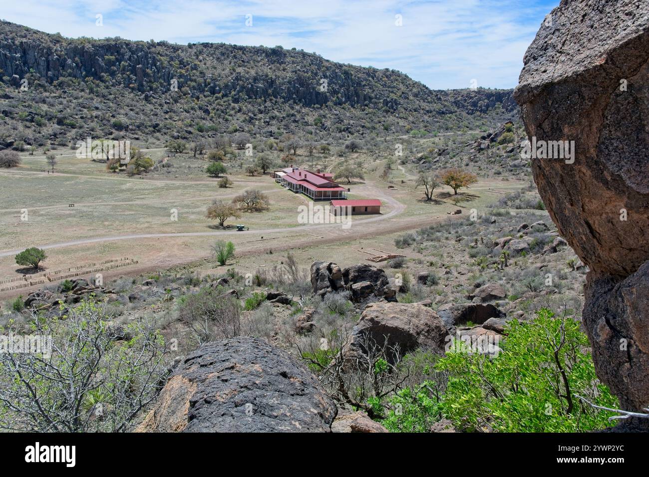 19th century buildings of Fort Davis on canyon floor viewed above from North Ridge cliffs Stock Photo