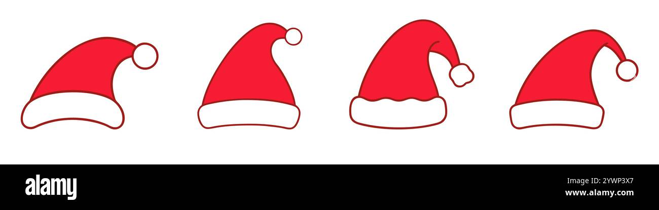 Set of red Santa hat icons. Merry Christmas cute element. Noel hat sign ...