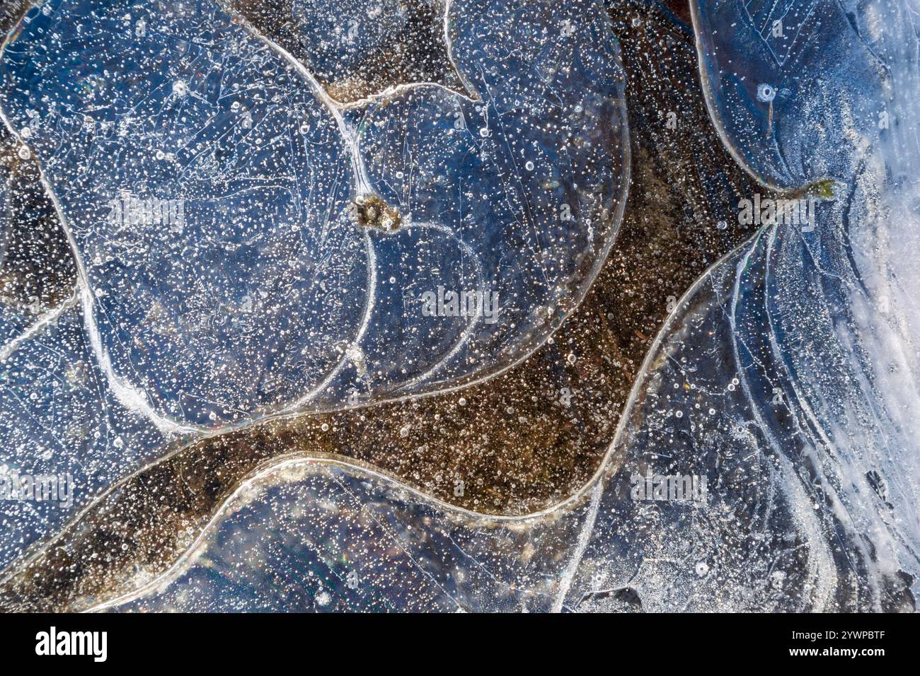 Abstract patterns formed by a complex mix of shapes, cracks and bubbles in water ice of varying depths allowing different colours to be seen - Stock Image