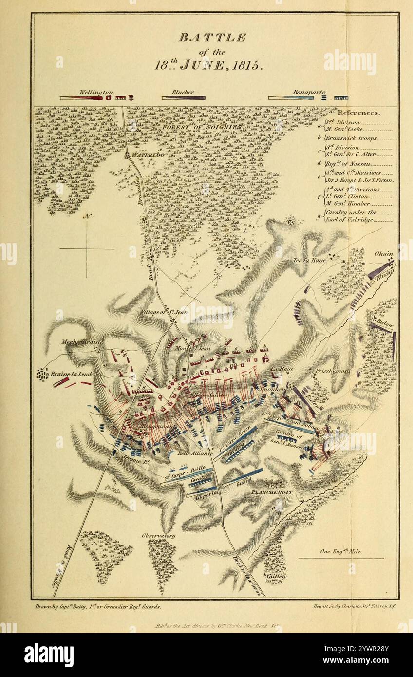 Battle of the 16th June 1815   Map of the Napoleonic Wars, Waterloo. historical sketch of the campaign of 1815 Stock Photo