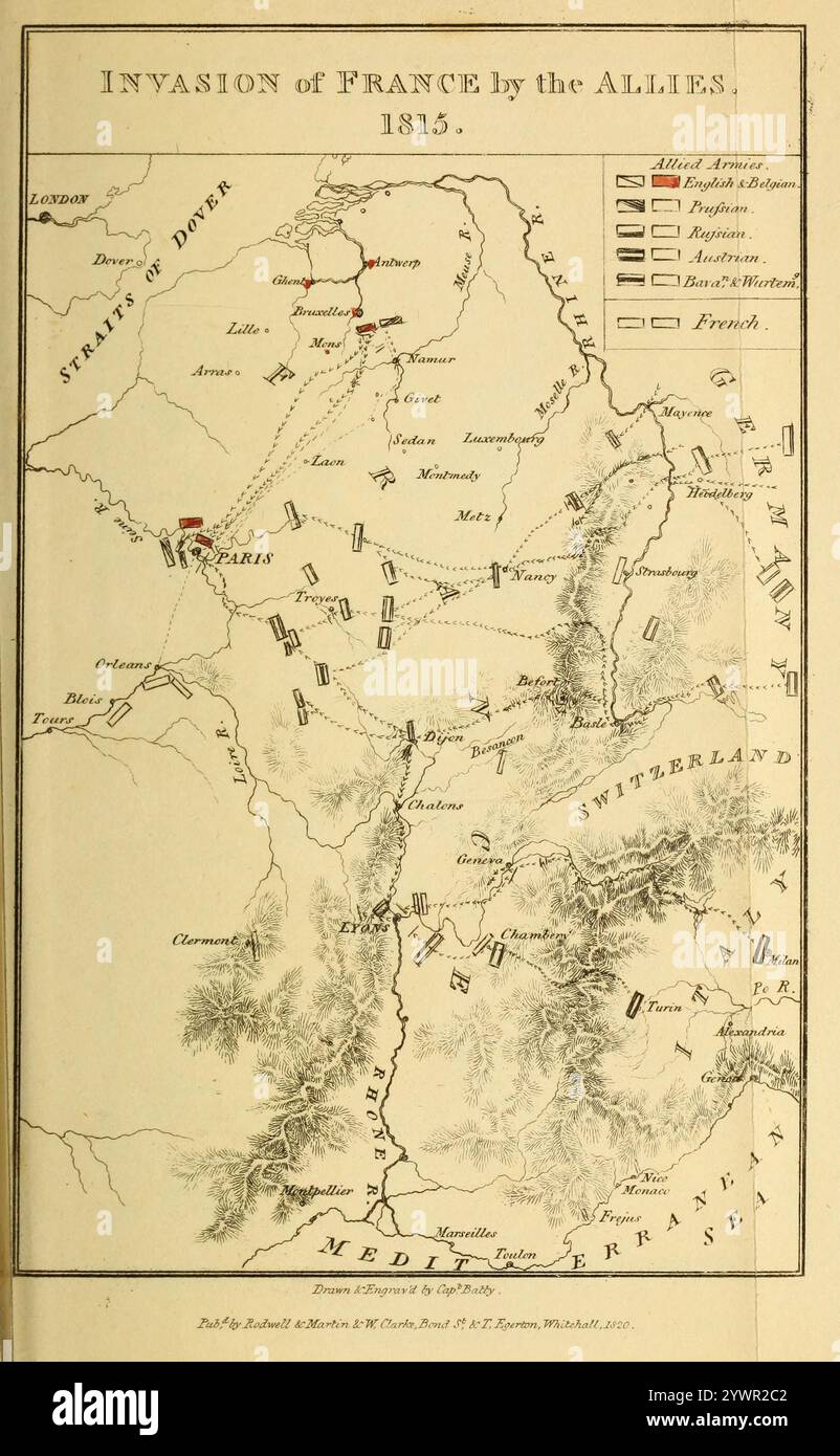 Invasion of France by the Allies, 1815.   Map of the Napoleonic Wars, Waterloo. historical sketch of the campaign of 1815 Stock Photo