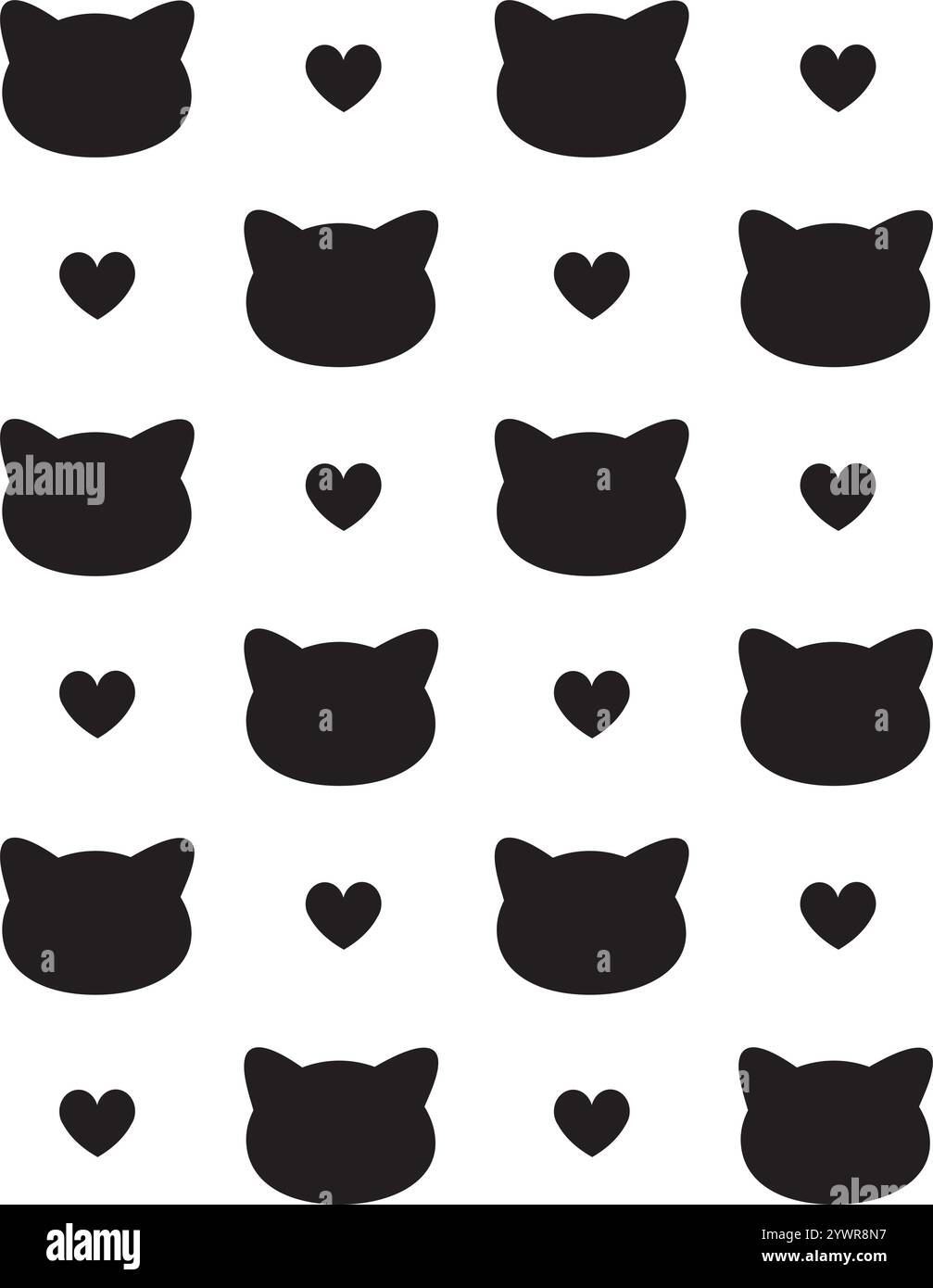 Vector seamless pattern of black cat head silhouette and hearts ...
