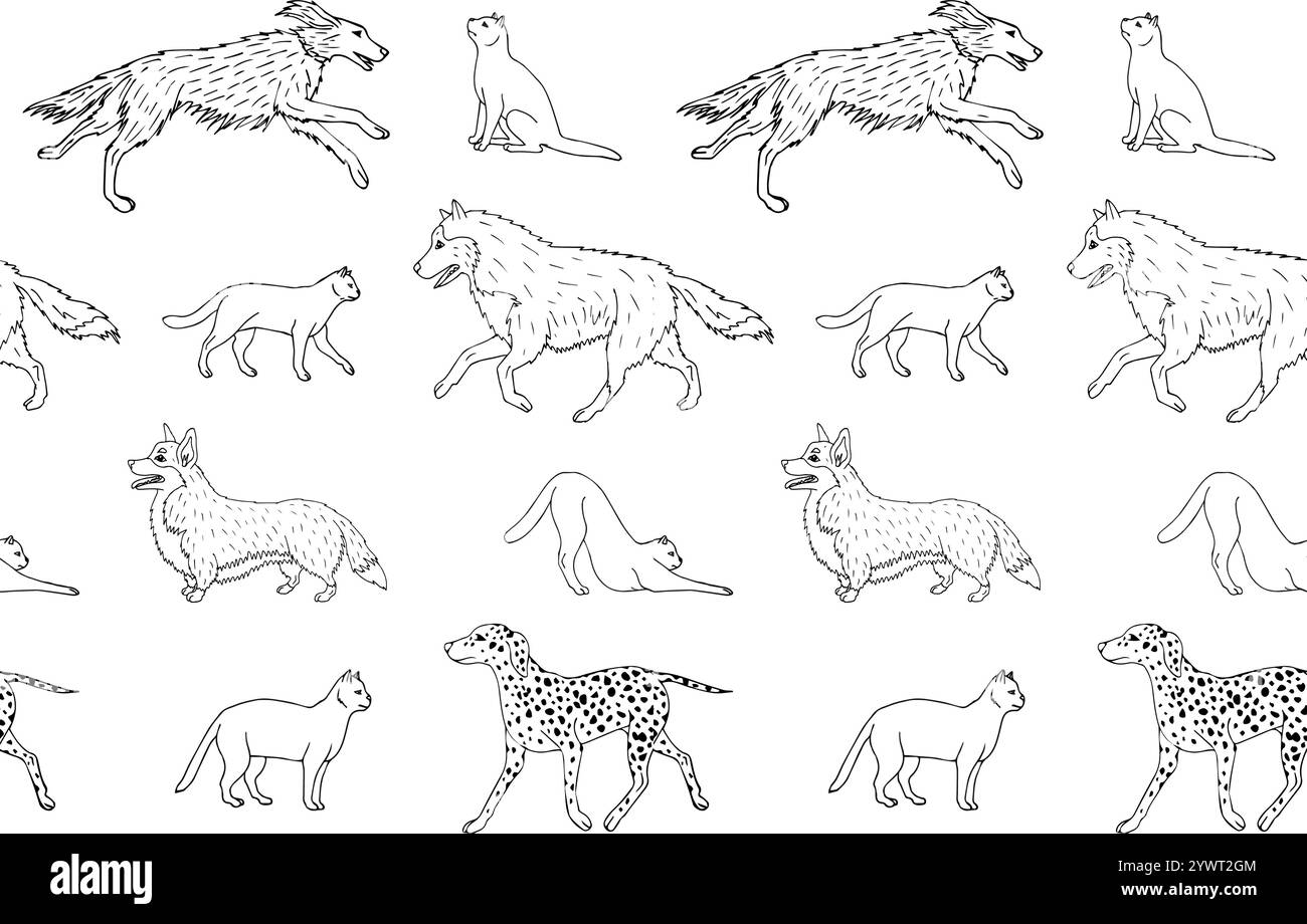 Vector seamless pattern of hand drawn doodle sketch cats and dogs ...