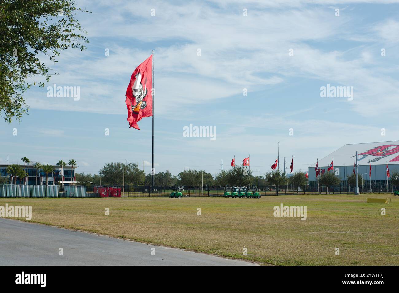 Editorial Use Only December 10, 2024.Tampa, FL, USA. Early afternoon View team pirate flag at practice facility for Tampa Bay Buccaneers football team Stock Photo