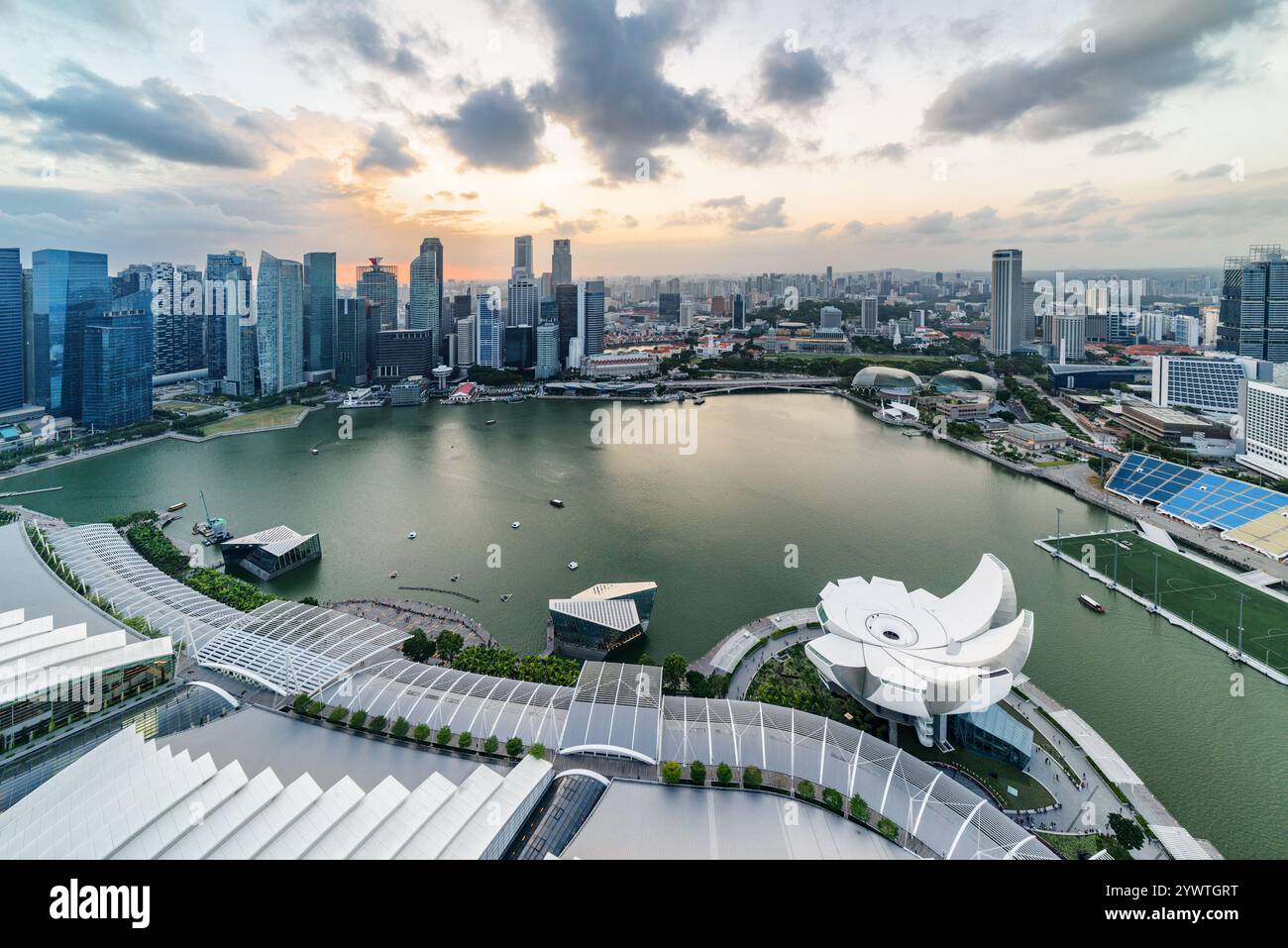 Aerial view of Marina Bay and skyscrapers at sunset, Singapore Stock ...