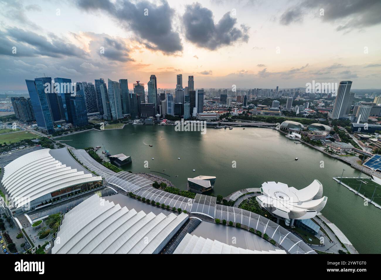 Aerial view of Marina Bay and skyscrapers at sunset, Singapore Stock ...