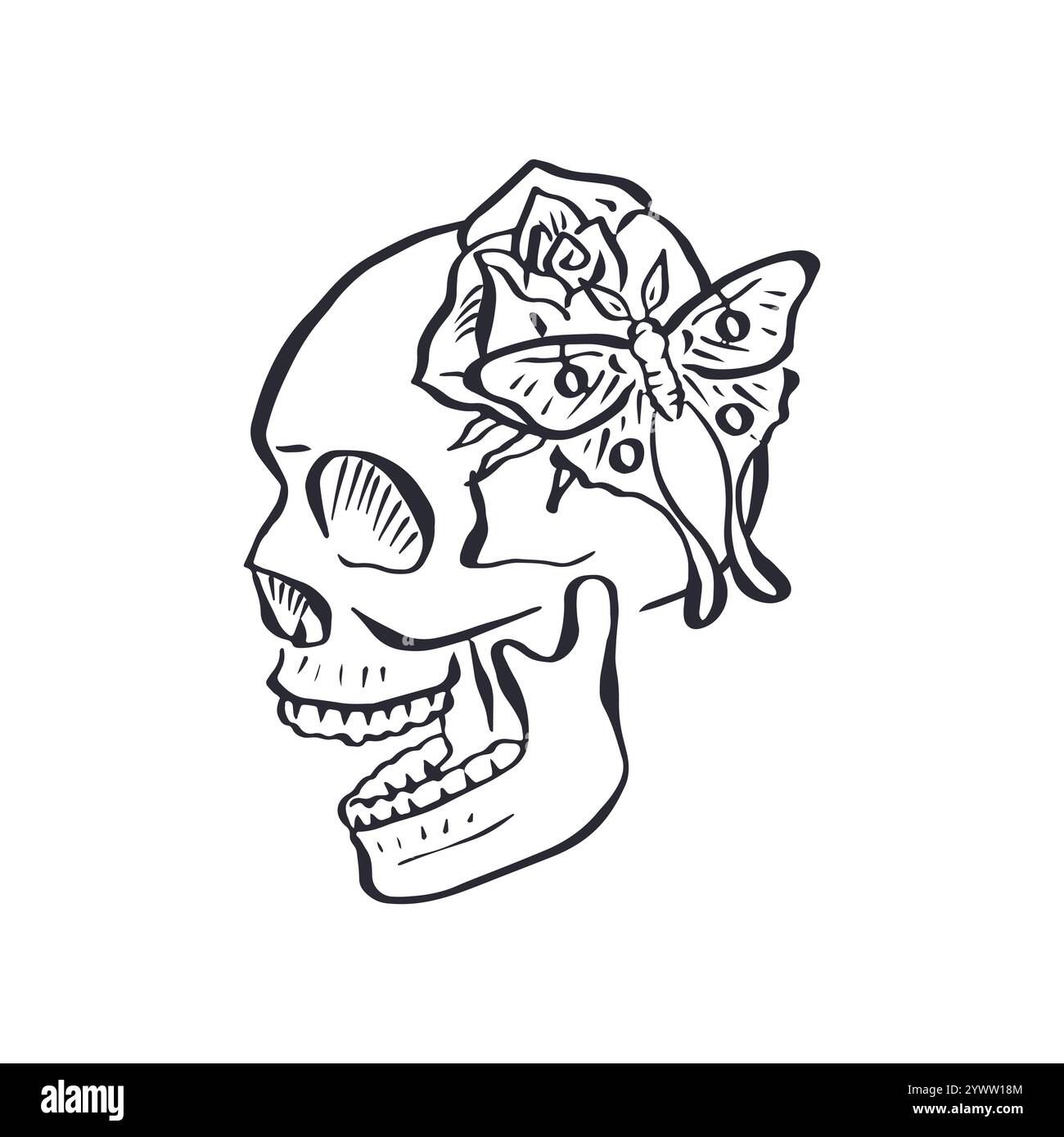 Hand drawn black and white sketchy floral human skull isolated on white ...