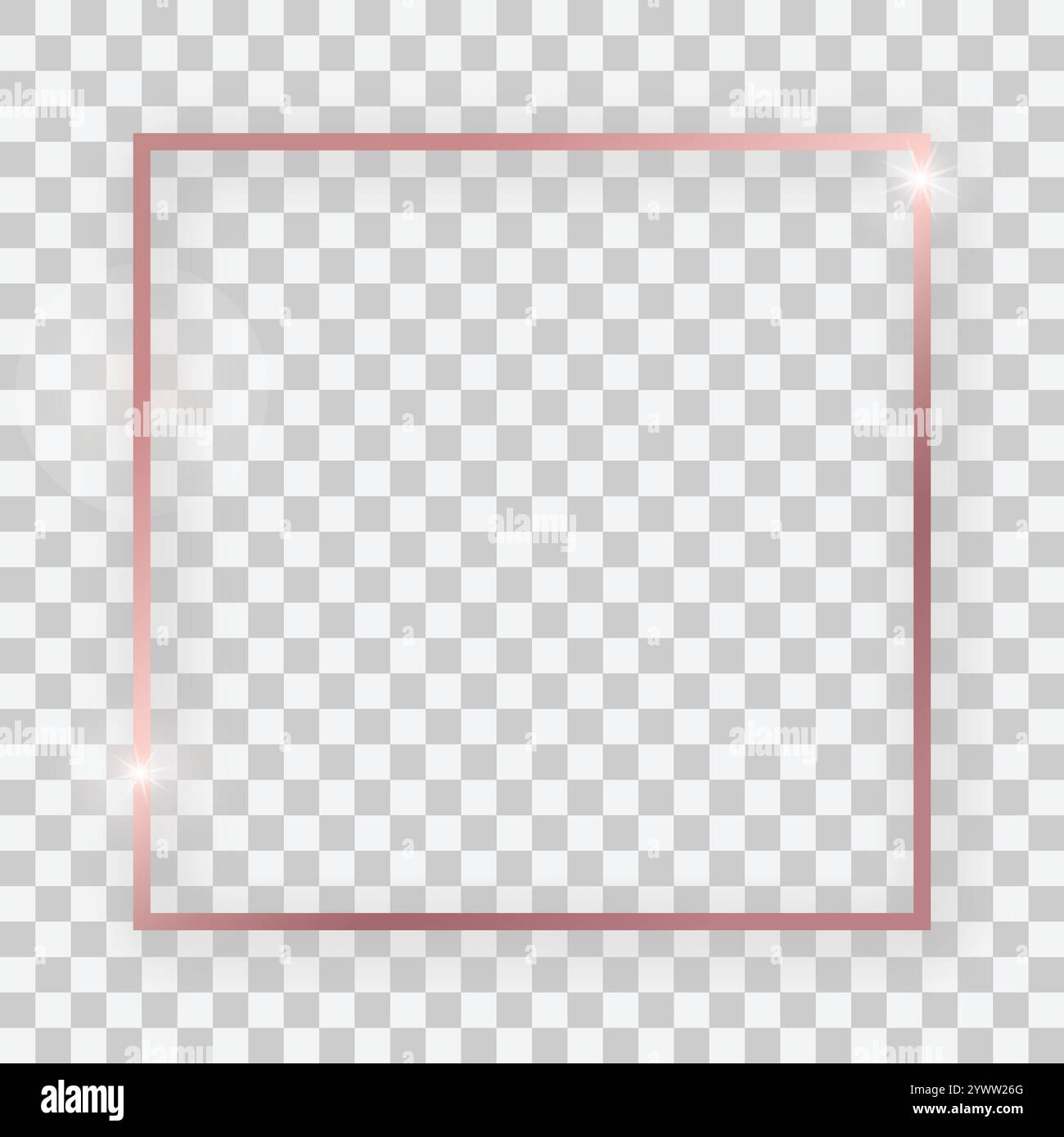 Rose gold shiny square frame with glowing effects and shadows on transparent background. Vector illustration Stock Vector