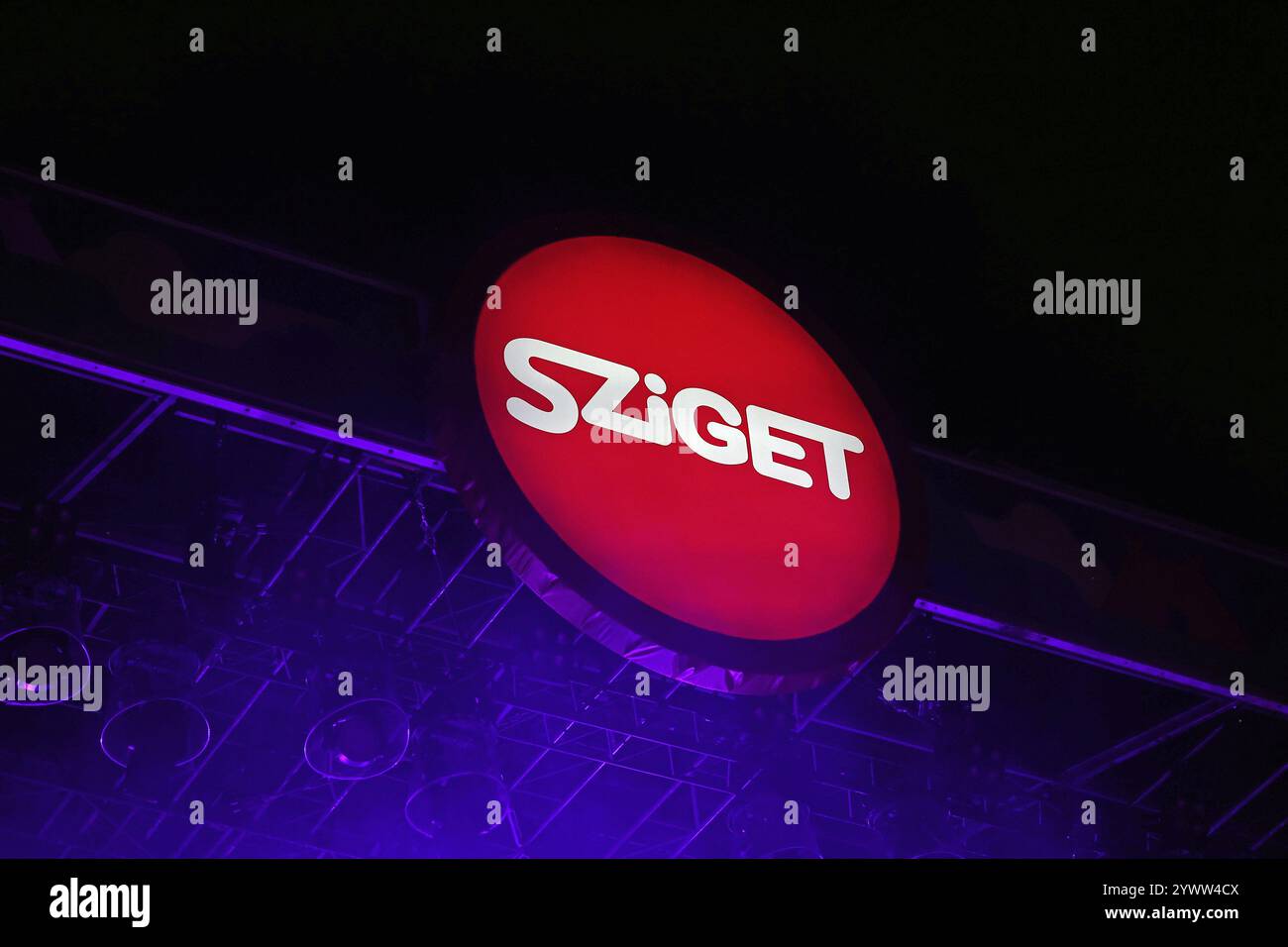 Logo of Hungary's biggest music festival Sziget Festival in Budapest, Hungary on top of the main stage Stock Photo