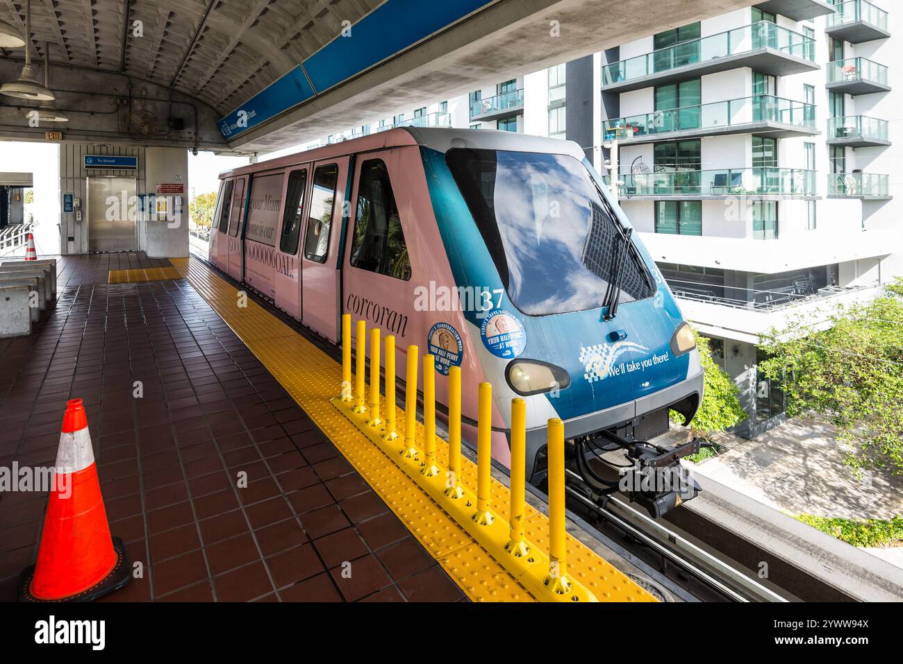 Miami, FL, USA - March 29, 2024: Metromover in Downtown Miami. Metromover is a free public transit automated people mover train system operated by Mia Stock Photo