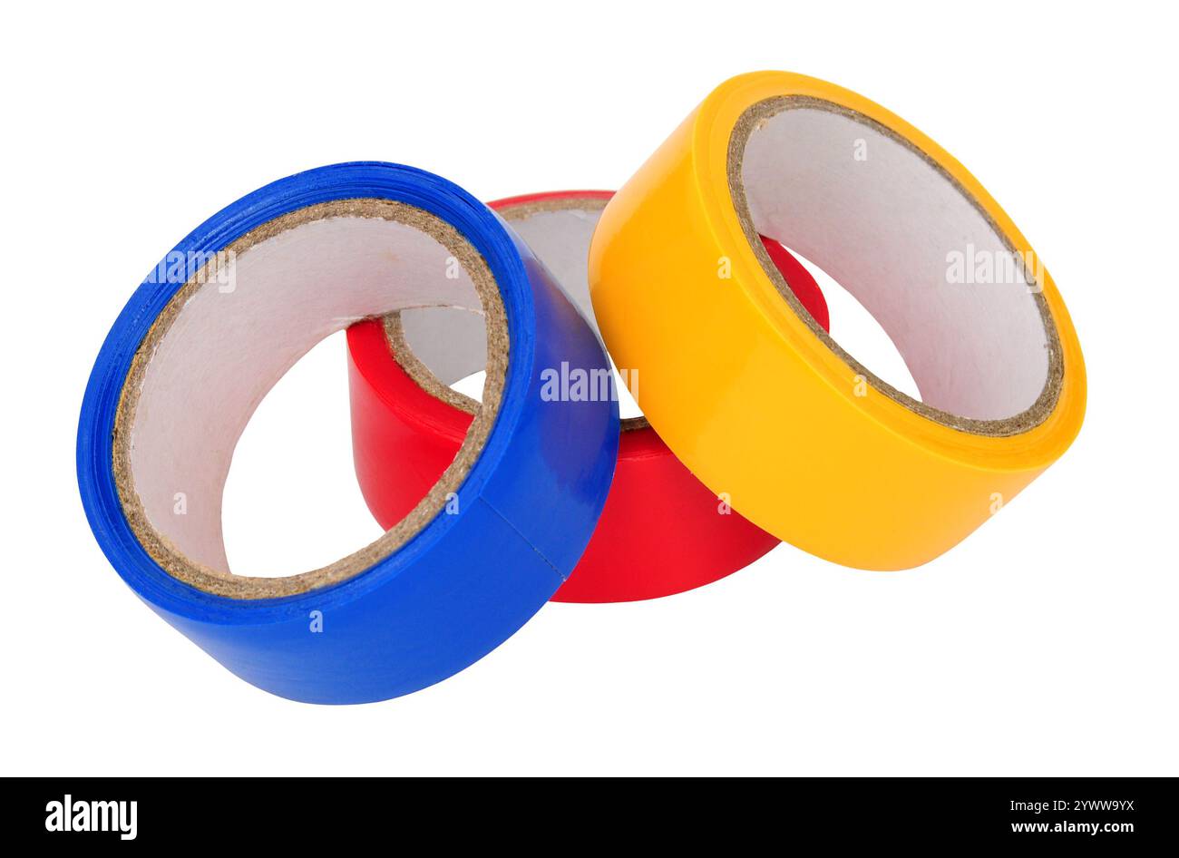 Three rolls of coloured electrical insulation, tape isolated on a white background Stock Photo