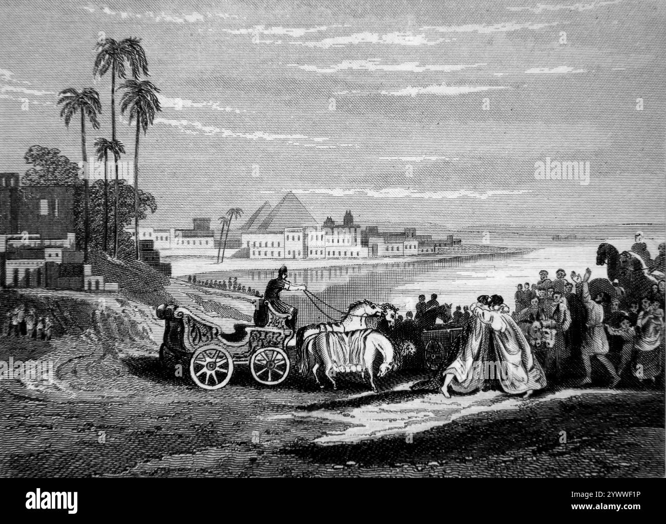 Steel Engraving of Israel to be restored. The Meeting Between Joseph and his Father Jacob Embracing Each other in Egypt  from the 1851 Tallis Illustra Stock Photo