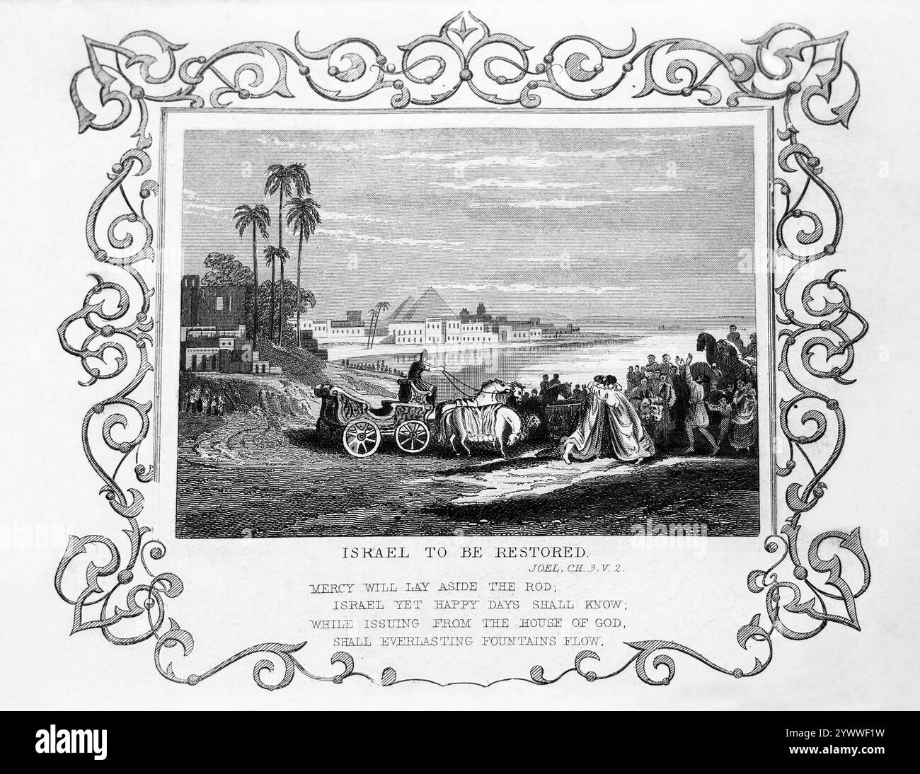 Steel Engraving of Israel to be restored. The Meeting Between Joseph and his Father Jacob Embracing Each other in Egypt  from the 1851 Tallis Illustra Stock Photo