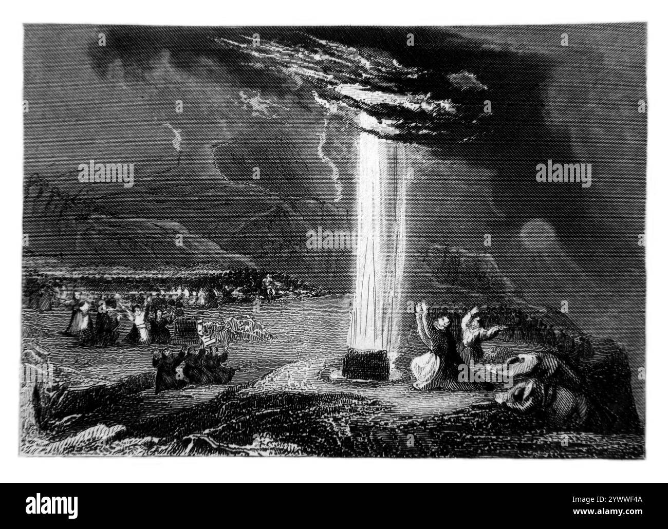 Steel Engraving of Elijah and the Accepted Sacrifice (1 King 18:38)  Elijah challenges the Prophets of Baal to prepare a bull as an offering for their Stock Photo