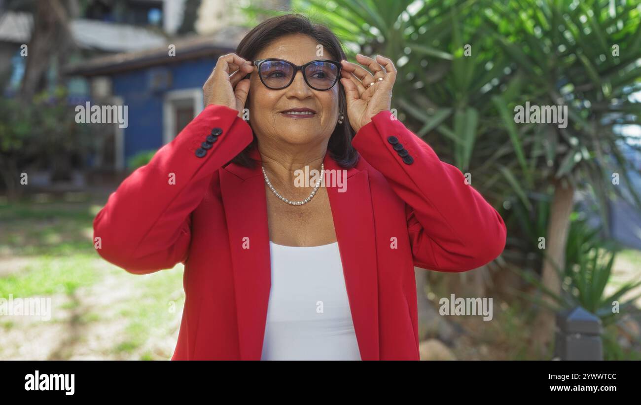 An elderly hispanic woman with short hair, wearing a red jacket and ...