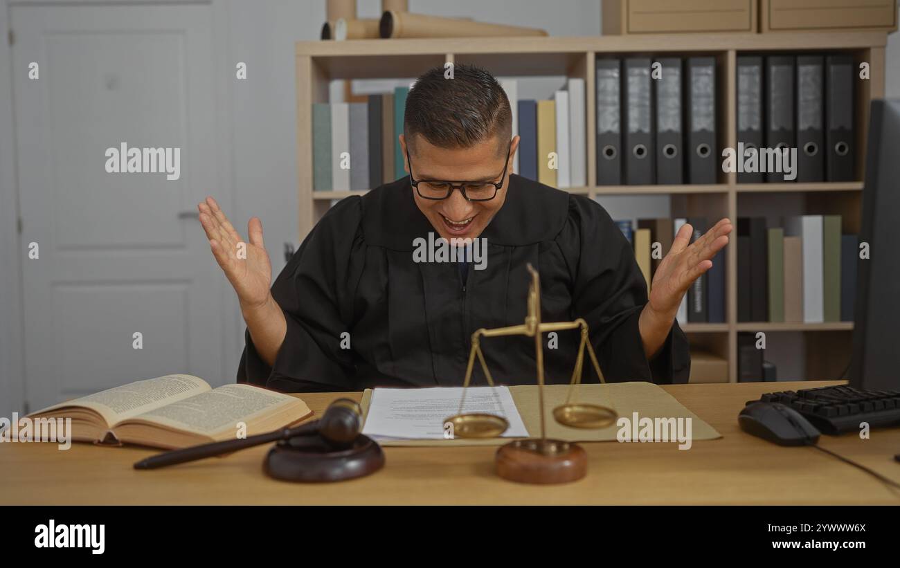 Young hispanic man in a judge's robe in an office setting, surrounded ...