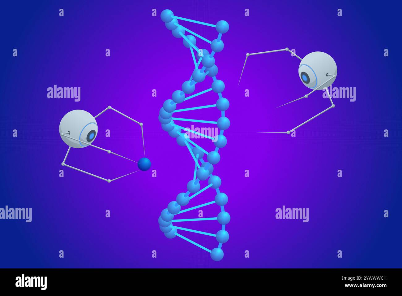 Isometric Nanobots are repairing damaged DNA. Future technologies: nanorobots for organism treatment. Spiral DNA double helix structure. Genetic Stock Vector