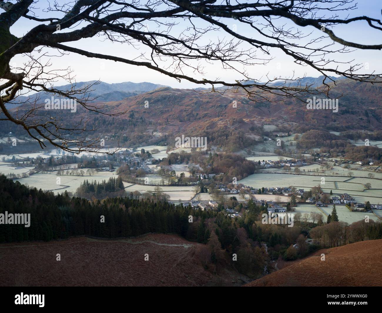 Early winter scene of Grasmere village seen from lower slopes of Rydal Fell in the Lake District, Cumbria Stock Photo