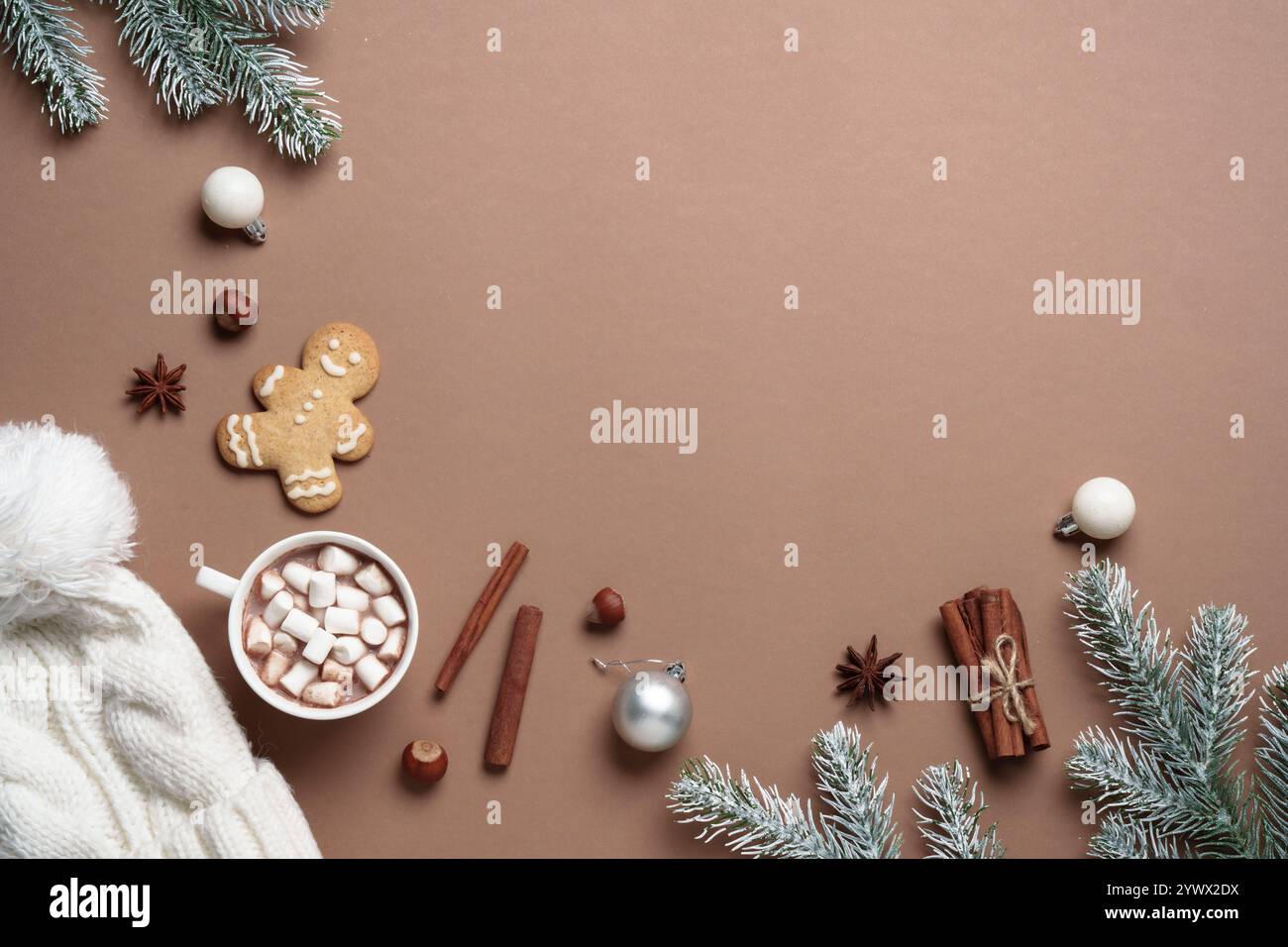 Winter flat lay background. Mocha Mousse color 2025 Stock Photo - Alamy