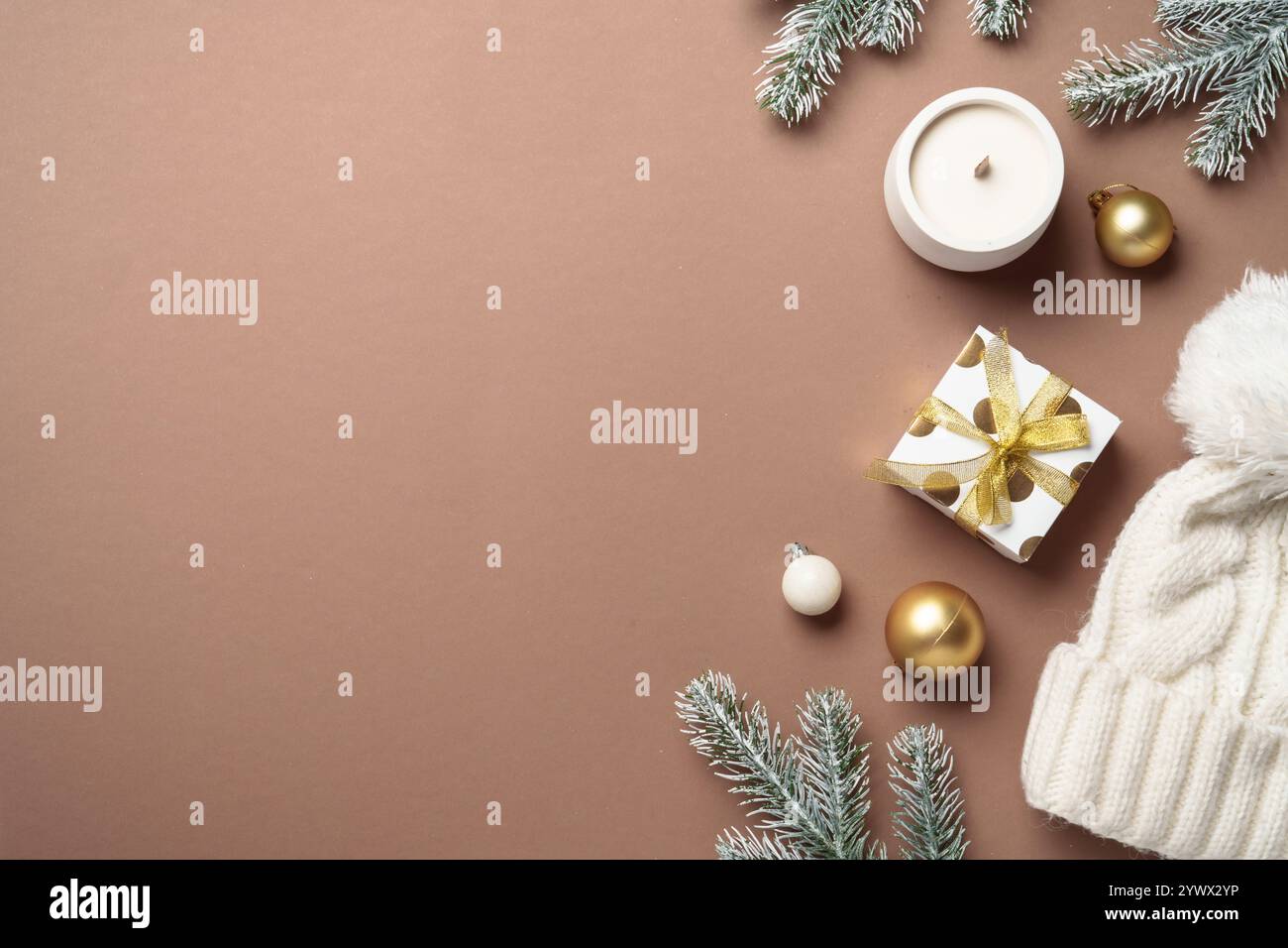 Winter flat lay background. Mocha Mousse color 2025 Stock Photo - Alamy