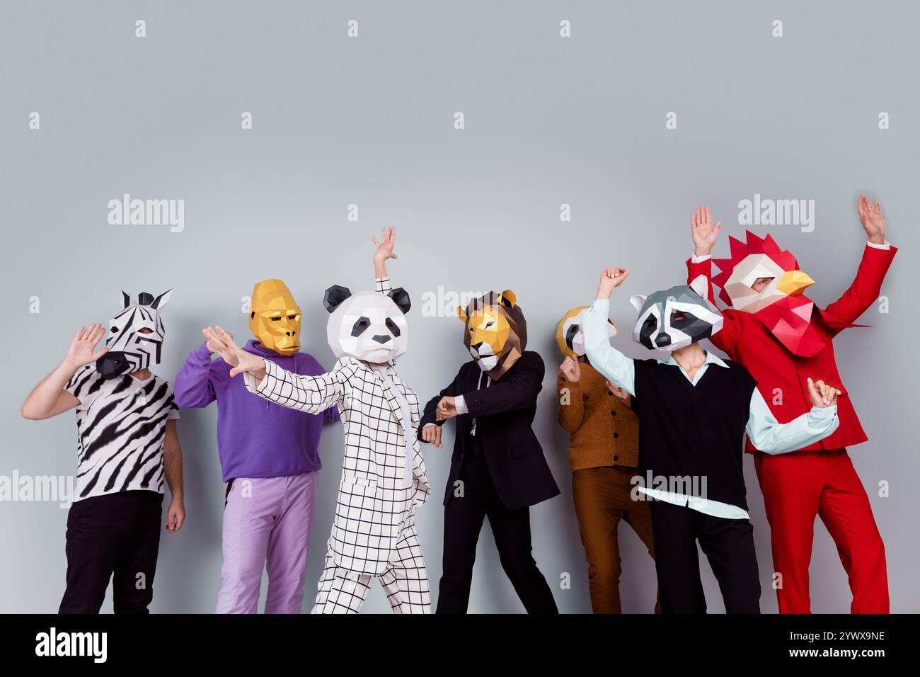 Portrait of zebra gorilla raccoon lion panda sloth rooster mask people ...