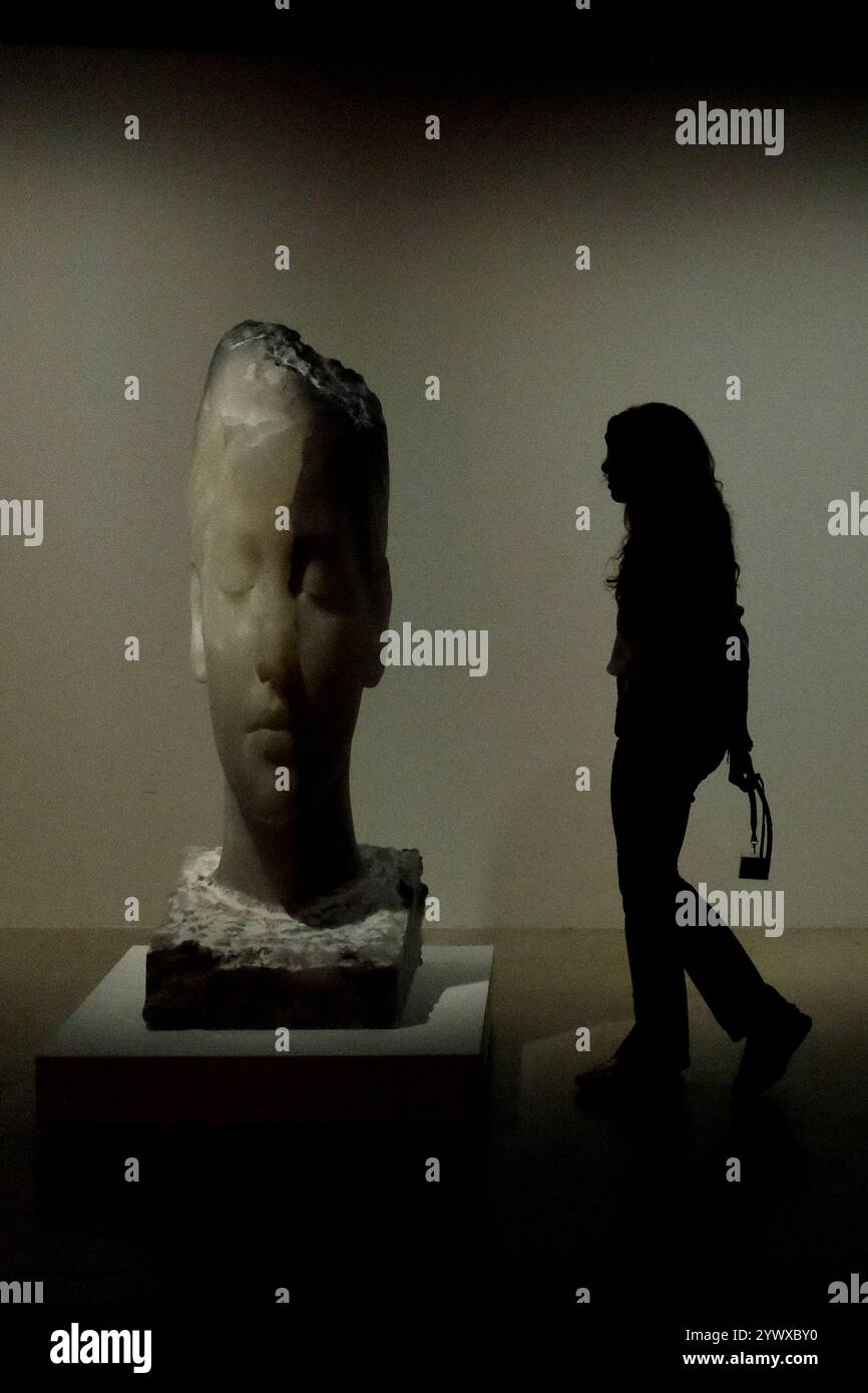 Visitors attending the exhibition 'Materia Interior' by Catalan sculptor Jaume Plensa, at Fundación Telefónica in Madrid, Spain. Stock Photo