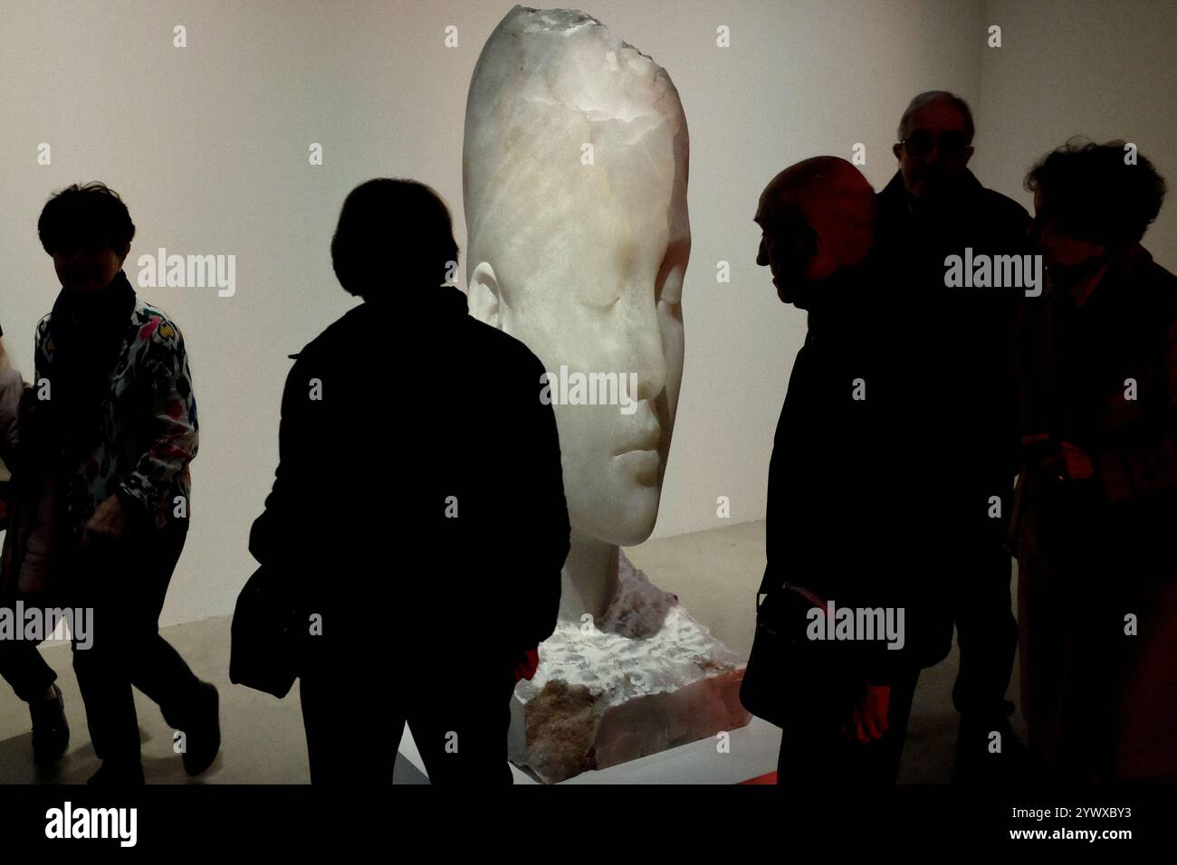 Visitors attending the exhibition 'Materia Interior' by Catalan sculptor Jaume Plensa, at Fundación Telefónica in Madrid, Spain. Stock Photo