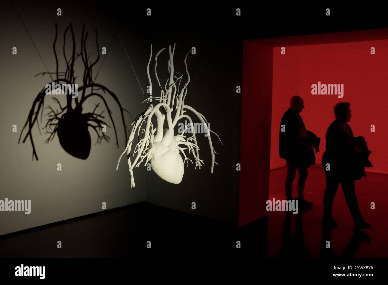 Visitors attending the exhibition 'Materia Interior' by Catalan sculptor Jaume Plensa, at Fundación Telefónica in Madrid, Spain. Stock Photo
