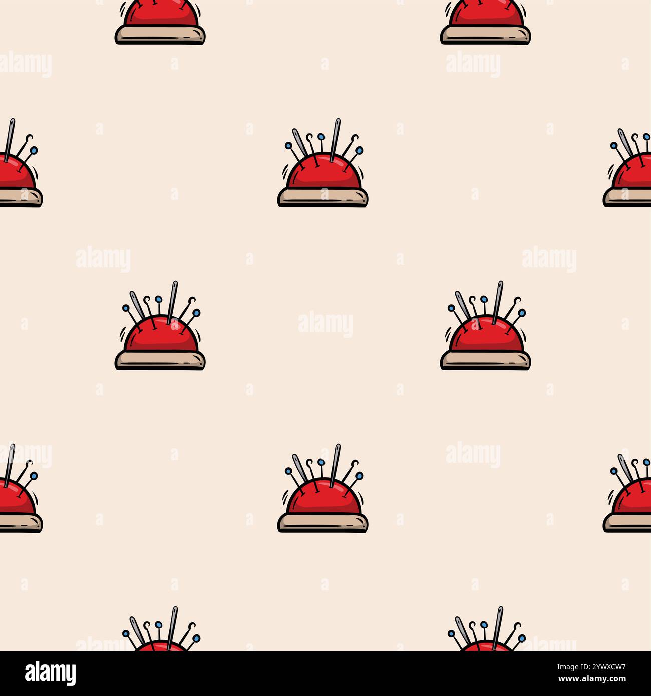 Seamless pattern with pincushion. Vector background associated with handmade, needlework Stock Vector
