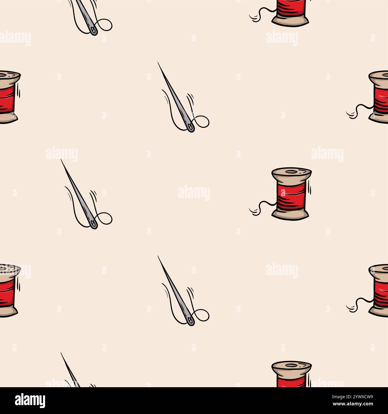 Seamless pattern with needle and spool of thread. Vector background associated with handmade, needlework Stock Vector