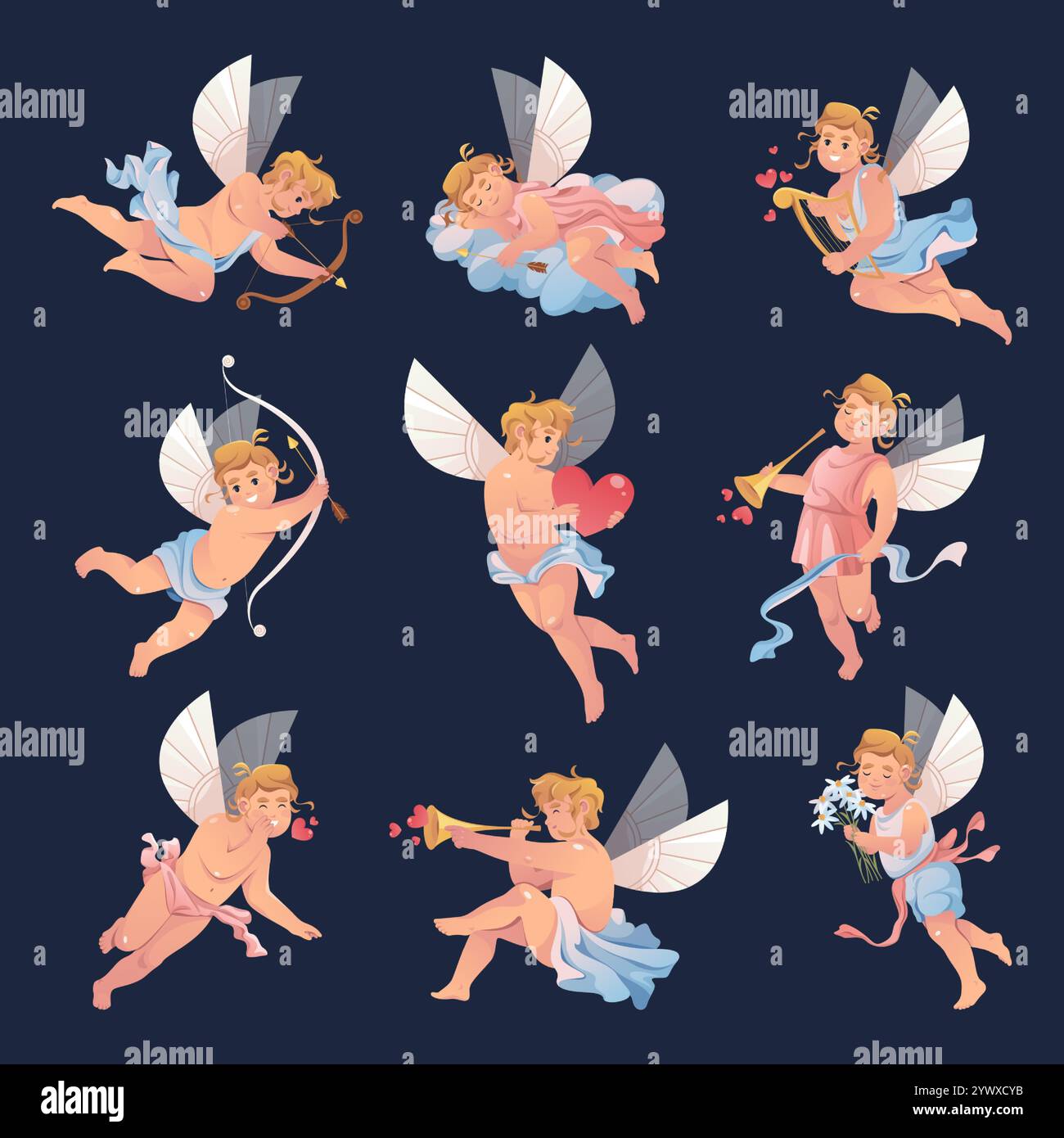 Vector isolated cupids on dark background. Set of amurs. Flying baby angels with bow and arrows. Cartoon stickers for Valentine's day. Stock Vector