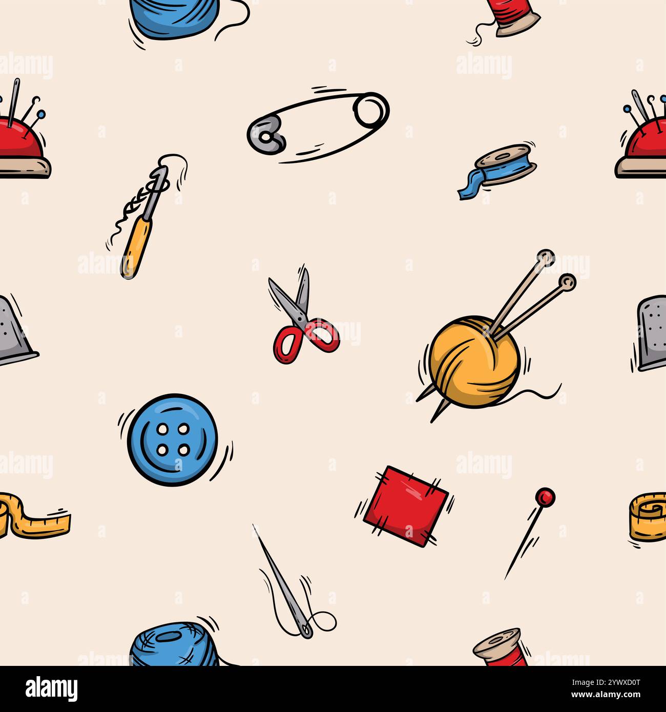 Seamless pattern with sewing and knitting supplies, threads, needles, scissors, pins. Vector background associated Stock Vector