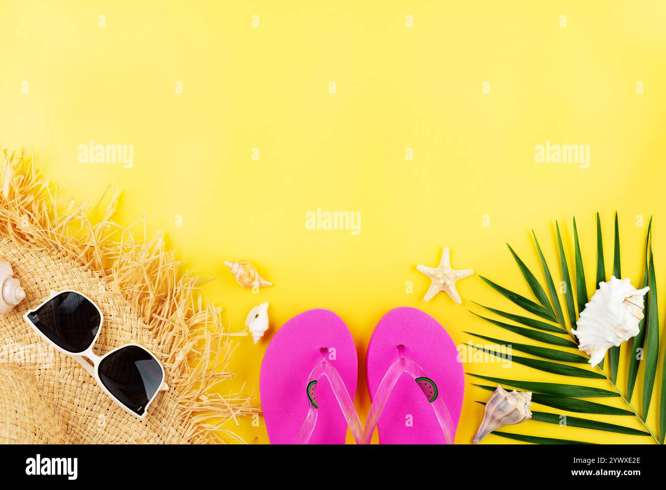 Vacation simple theme of straw hat sunglasses flip flops shells and ...