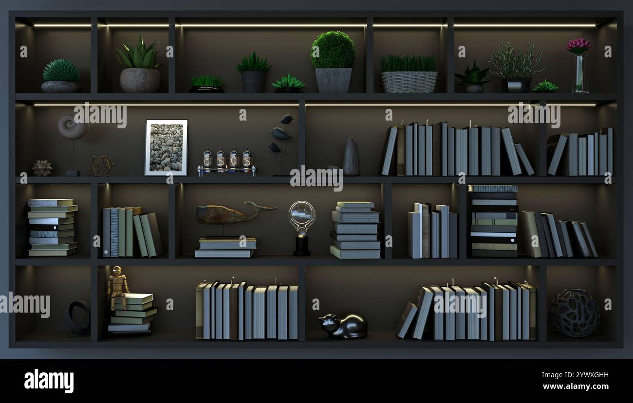 3d illustration. Modern interior in loft style background white new wall. Furniture and shelves. Bookcase. Studio for creativity Stock Photo