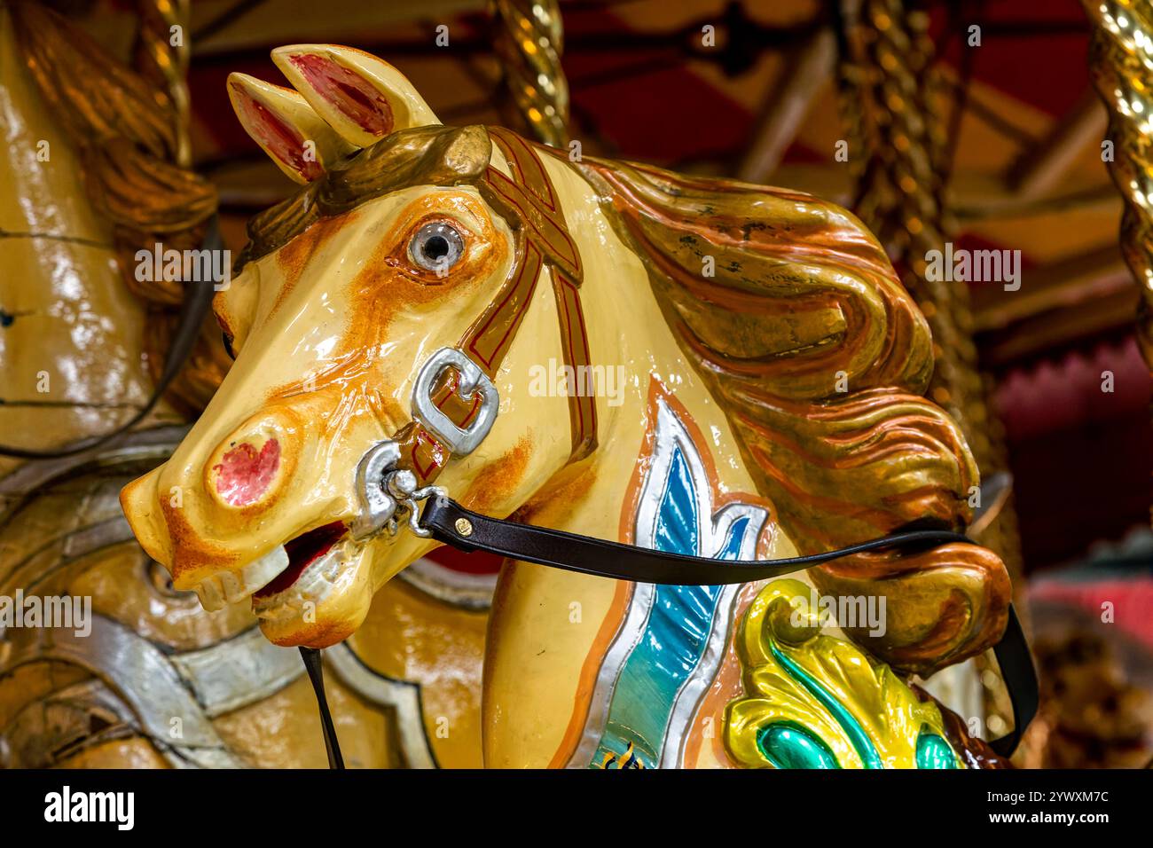 Gallopers Fairground Ride Colourful Head Detail of a Wooden Painted Horse on ‘The Gallopers ...