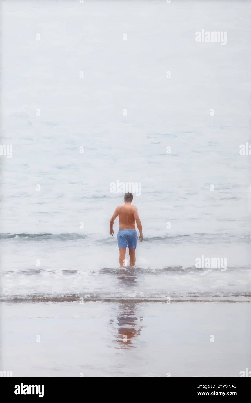 Book cover style concept illustration of a man wading into the waves in ...