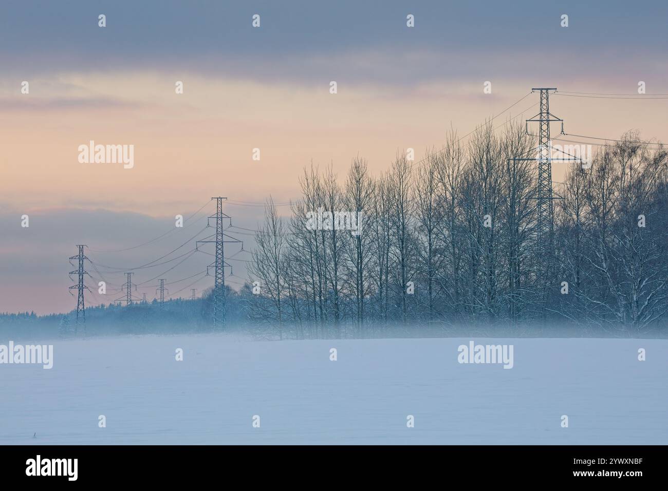 Pylon and power lines on a cloudy winter day Stock Photo - Alamy
