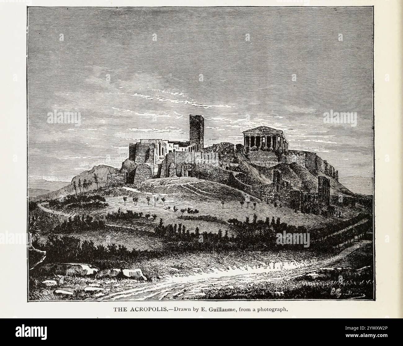 THE ACROPOLIS. Drawn by E. Guillaume from THE WEST ARYANS / The Greeks from volume 3 of Ridpath's Universal history : an account of the origin, primitive condition and ethnic development of the great races of mankind, and of the principal events in the evolution and progress of the civilized life among men and nations, from recent and authentic sources with a preliminary inquiry on the time, place and manner of the beginning by Ridpath, John Clark, 1840-1900 Published in 1897 Stock Photo