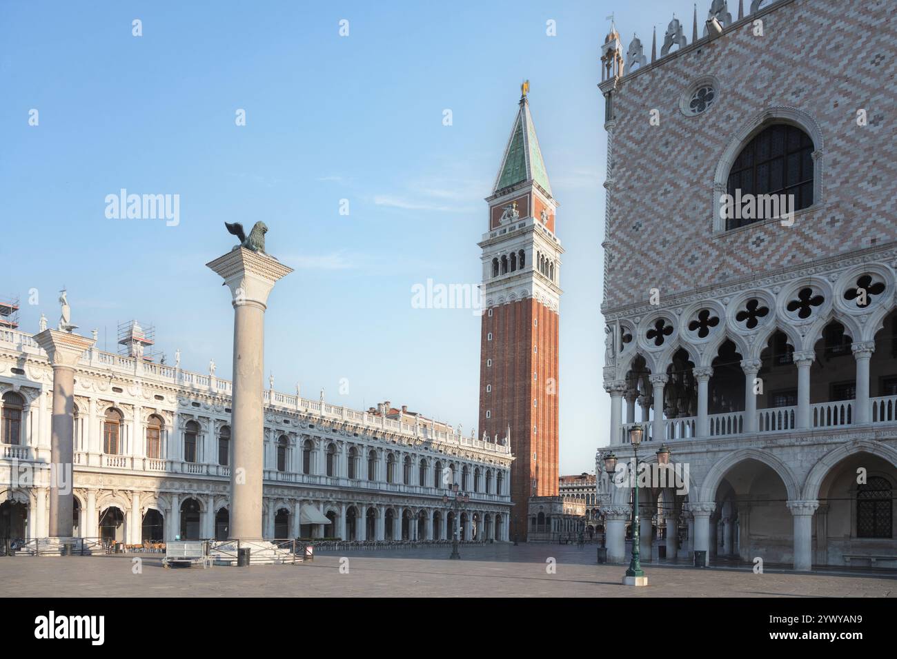 Venice cityscape, Saint Mark Campanile and Doge Palace at sunrise. Veneto region, Italy, Europe. Stock Photo