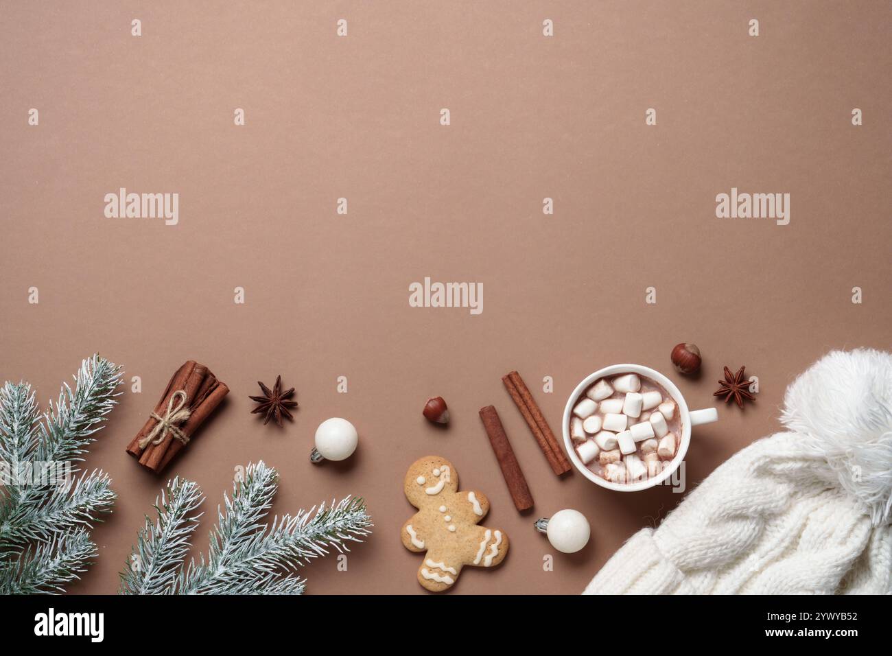 Winter flat lay background. Mocha Mousse color 2025 Stock Photo - Alamy