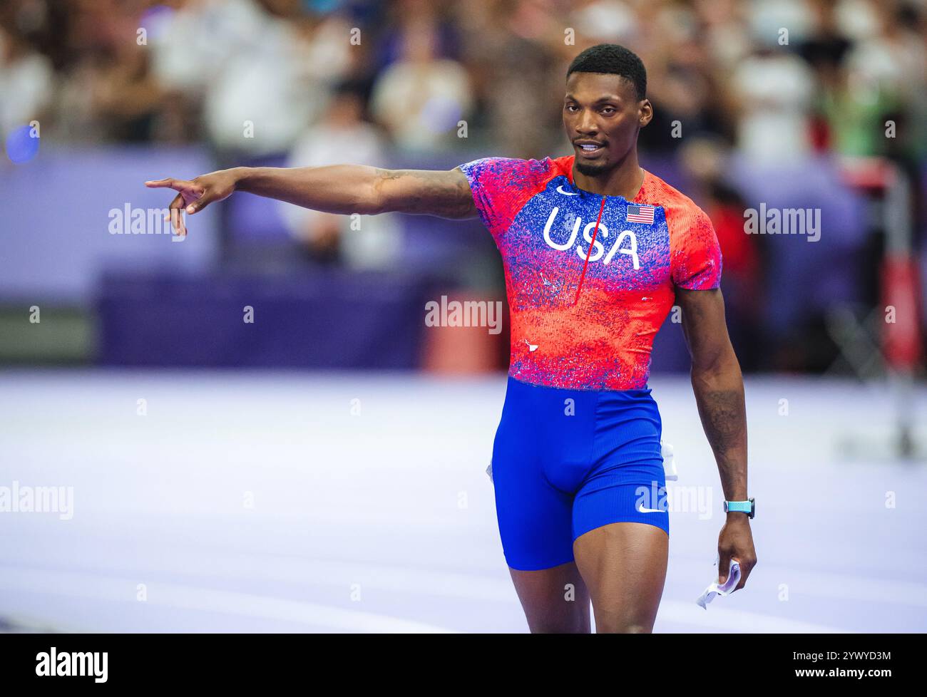 Fred Kerley participating in the 100 metres at the Paris 2024 Olympic