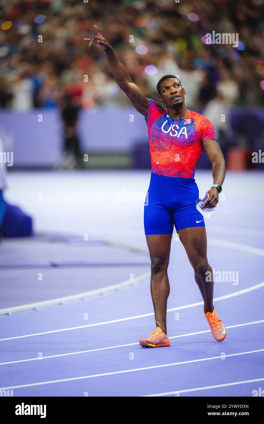 Fred Kerley participating in the 100 metres at the Paris 2024 Olympic