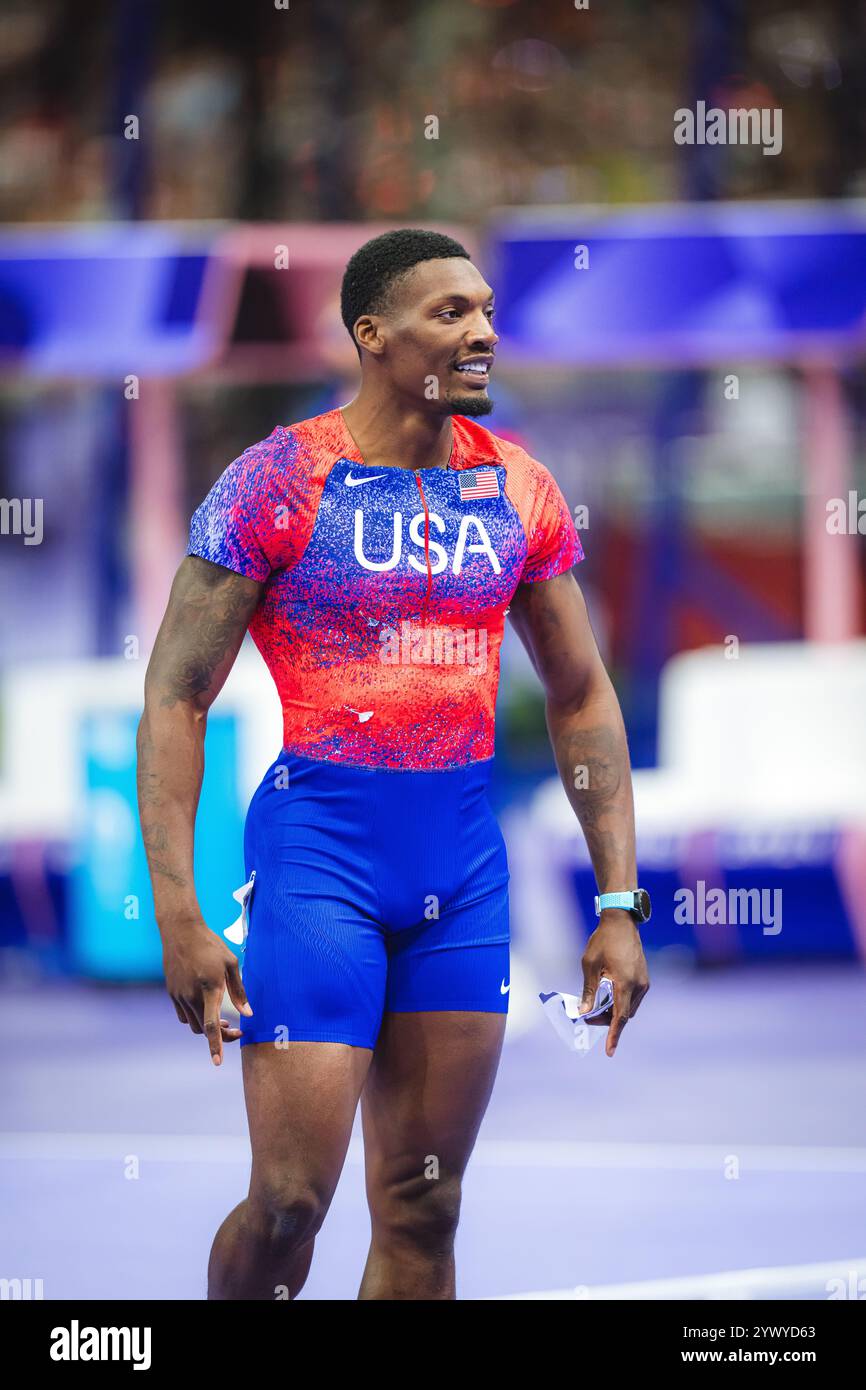 Fred Kerley participating in the 100 metres at the Paris 2024 Olympic