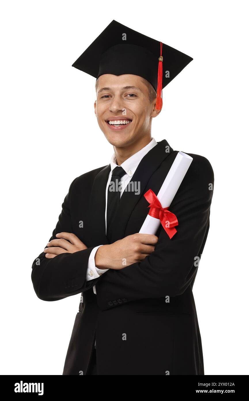 Happy student with diploma after graduation on white background Stock ...