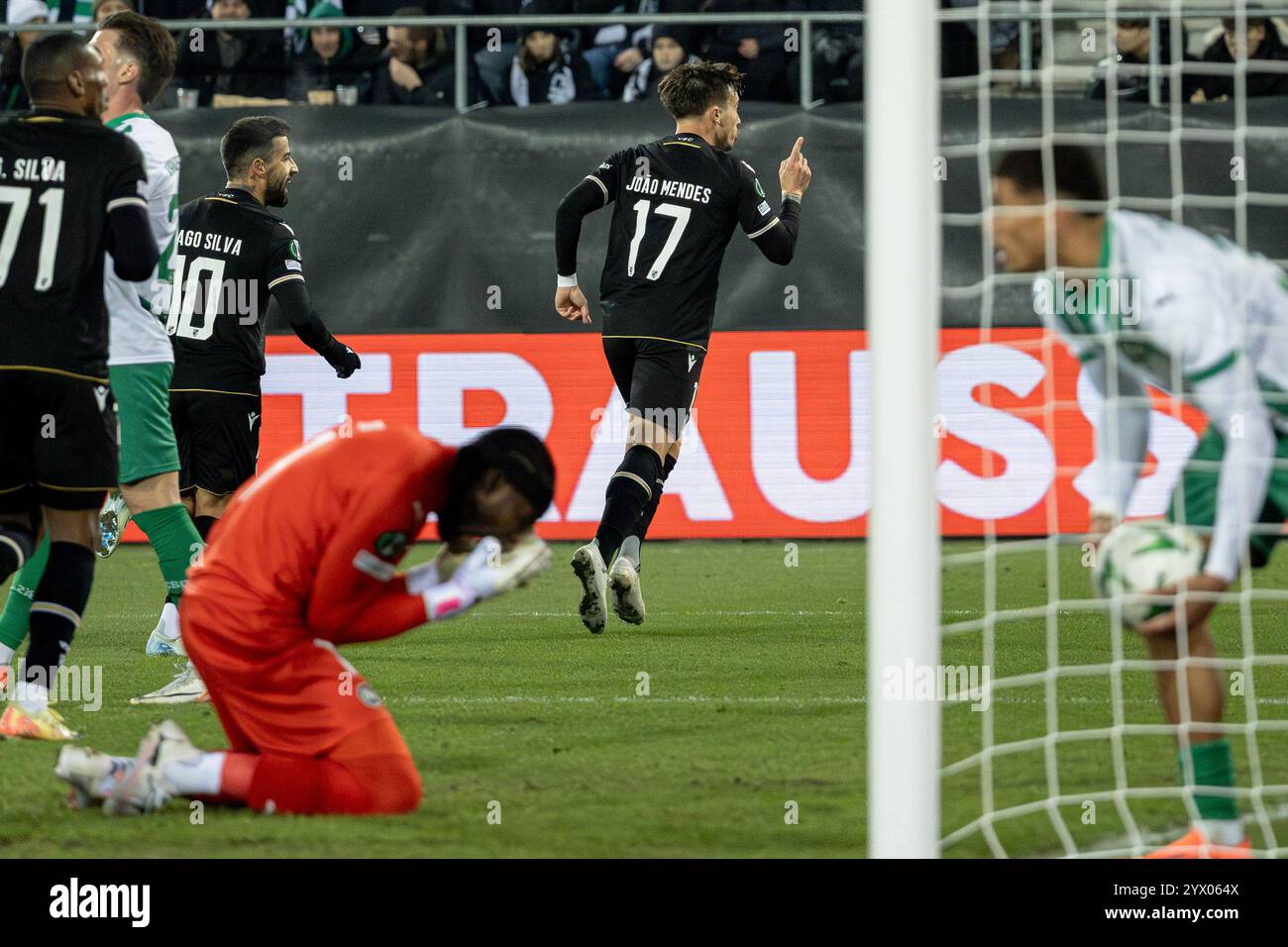 St. Gallen, Switzerland. 12th Dec, 2024. St. Gallen, Switzerland, December 12st 2024: Goalscorer João Mendes Saraiva (17 Guimarães) during the UEFA Conference League football match between FC St. Gallen and Vitória SC at Kybunpark in St. Gallen, Switzerland. Philipp Kresnik (Philipp Kresnik/SPP) Credit: SPP Sport Press Photo. /Alamy Live News Stock Photo