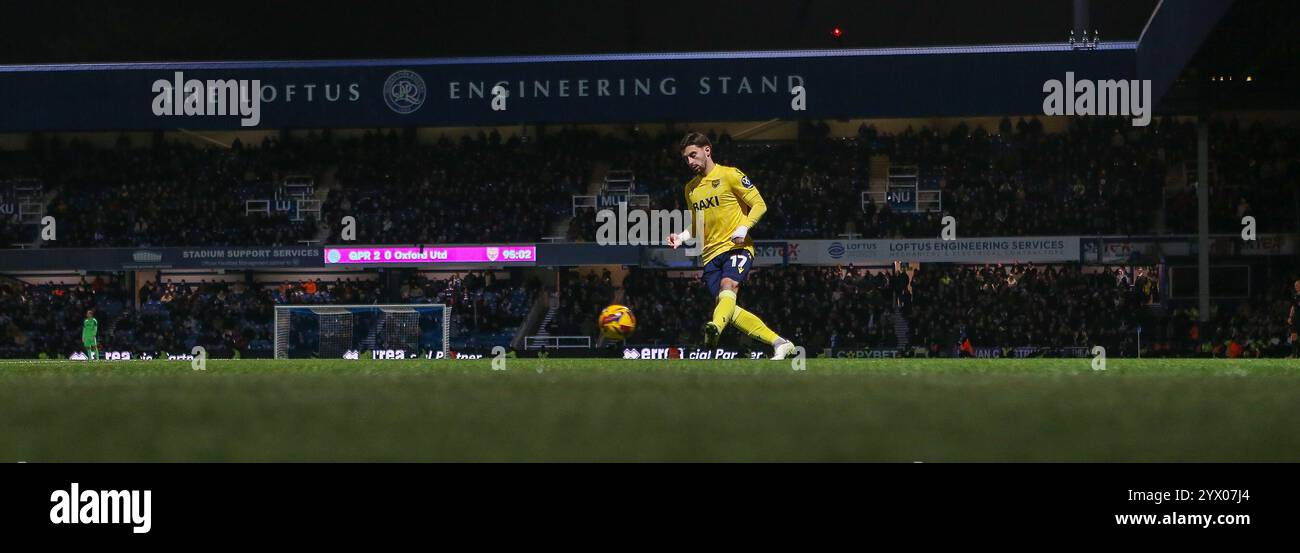 London, UK. 11th Dec, 2024. Owen Dale of Oxford puts a cross in *** during the EFL Sky Bet Championship match between Queens Park Rangers and Oxford United at Loftus Road Stadium, London, England on 11 December 2024. Photo by Simon Hall. Editorial use only, license required for commercial use. No use in betting, games or a single club/league/player publications. Credit: UK Sports Pics Ltd/Alamy Live News Stock Photo