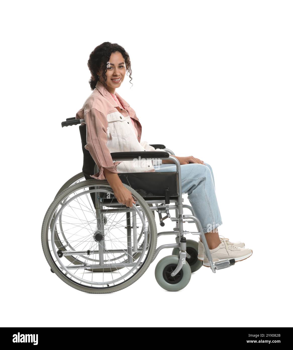 Smiling woman in wheelchair on white background Stock Photo - Alamy