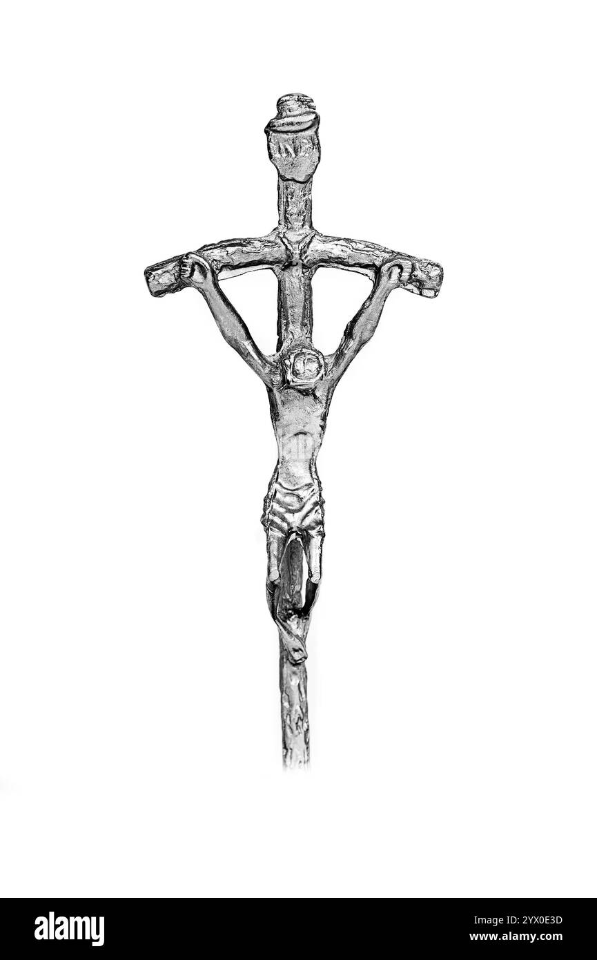 Jesus Christ on cross made of metal on a white background Stock Photo