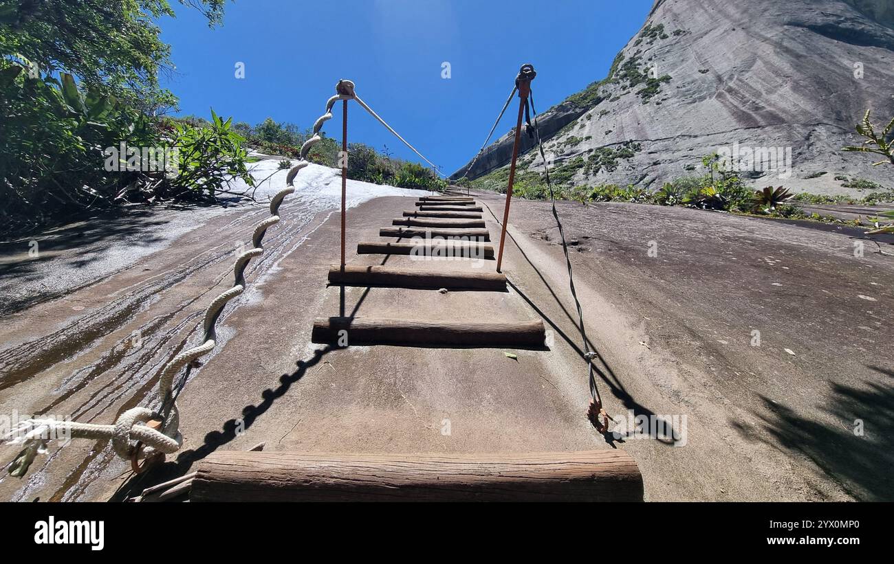 This captivating image speaks to adventure and determination. A precarious wooden rope ladder stretches upward, beckoning explorers to climb higher, o - Smartphone Captured Stock Image